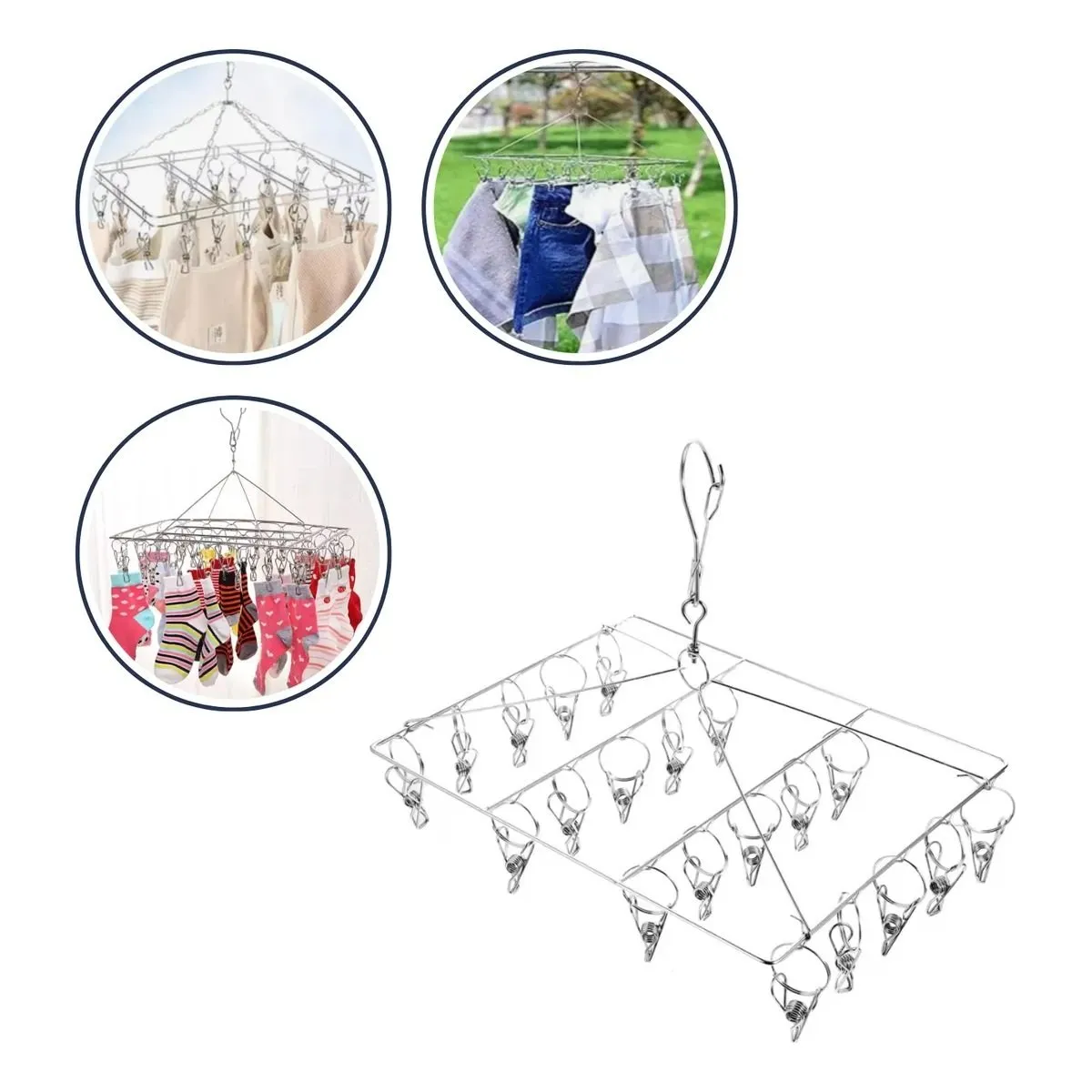 Varal Dobrável de Aço Inox Multiuso com Prendedores - Imagem 3