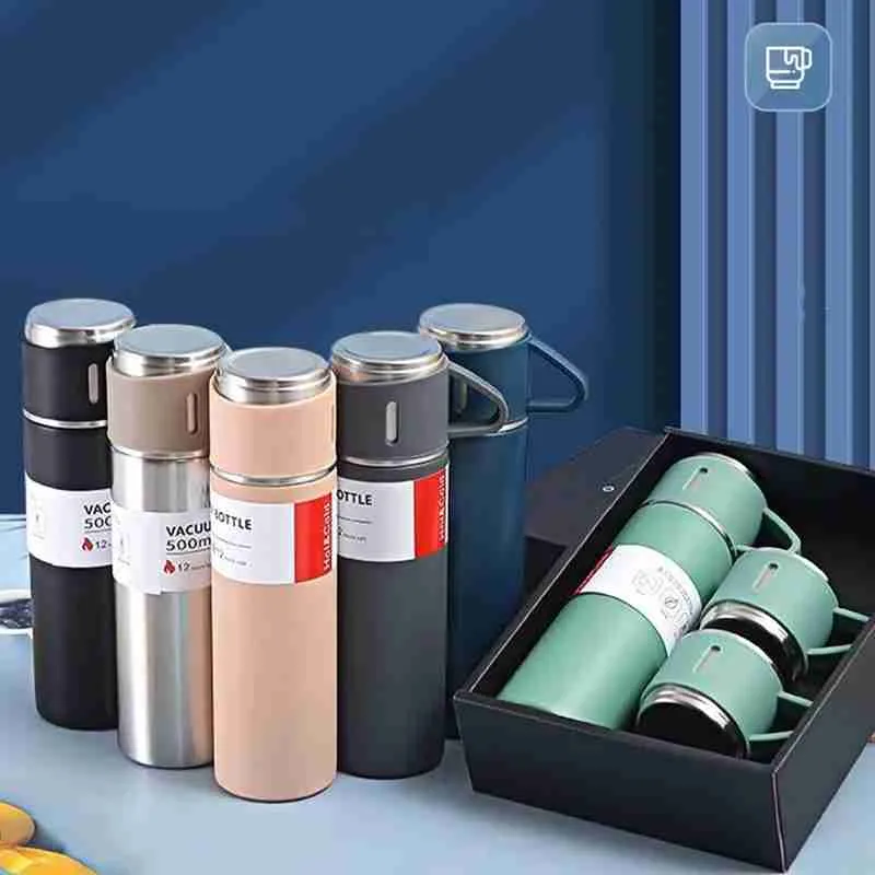 Kit Garrafa Térmica Inox 500ml Com 3 Xícaras Camping Viagem Café – Cores Sortidas - Imagem 3