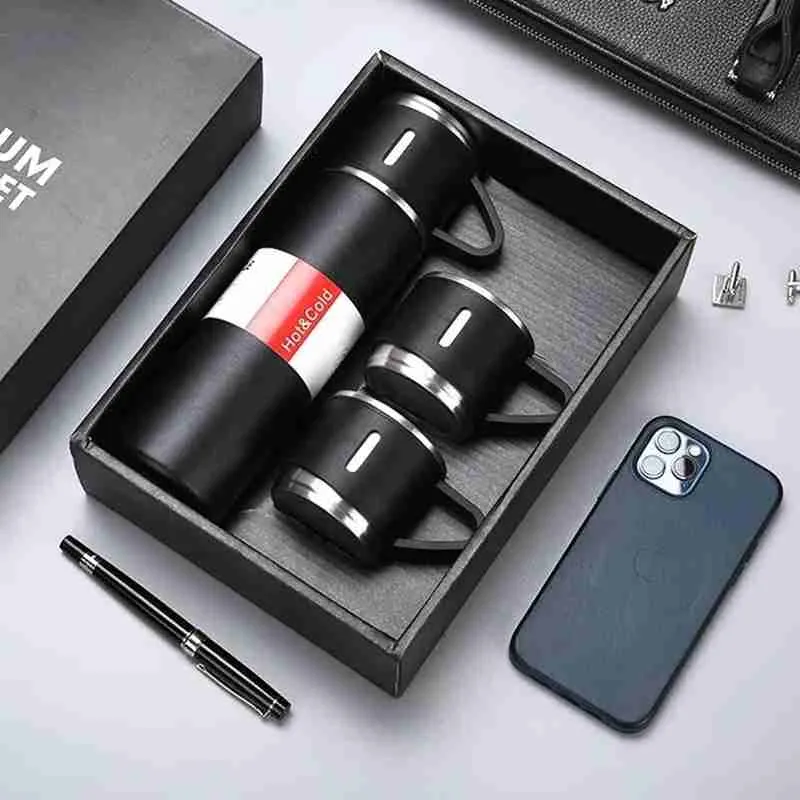 Kit Garrafa Térmica Inox 500ml Com 3 Xícaras Camping Viagem Café – Cores Sortidas - Imagem 4