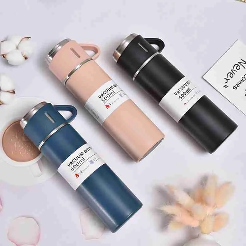 Kit Garrafa Térmica Inox 500ml Com 3 Xícaras Camping Viagem Café – Cores Sortidas - Imagem 5