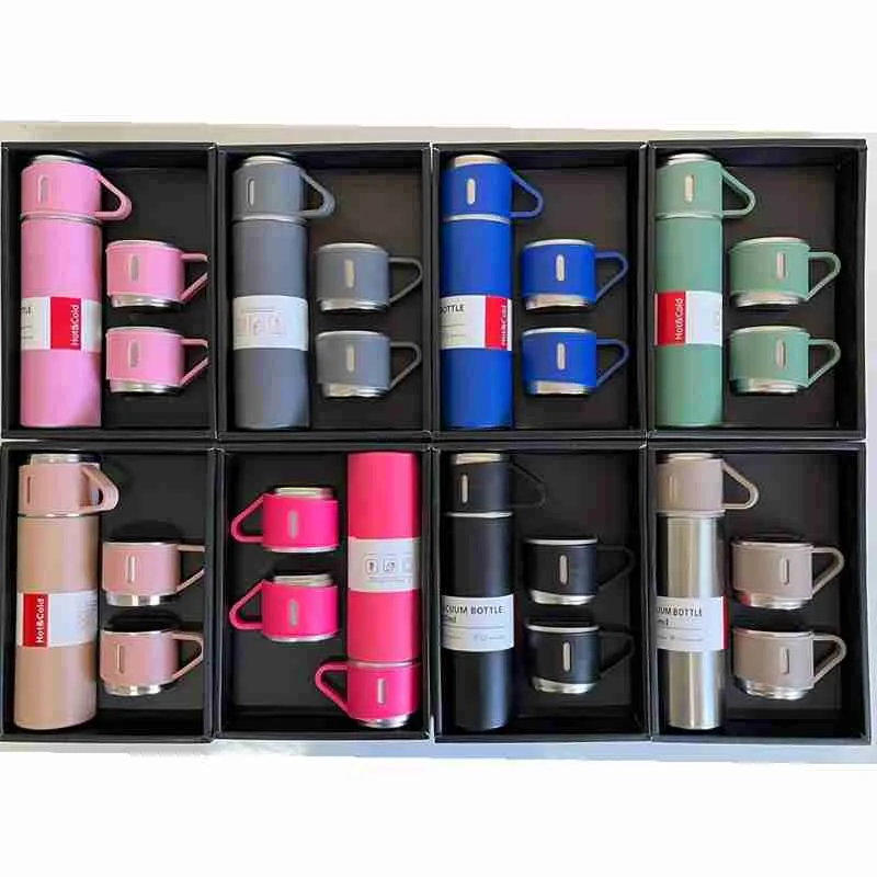 Kit Garrafa Térmica Inox 500ml Com 3 Xícaras Camping Viagem Café – Cores Sortidas - Imagem 8