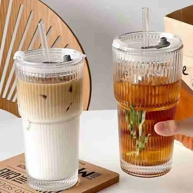Copo De Vidro Listrado Com Tampa E Canudo