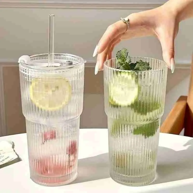 Copo De Vidro Listrado Com Tampa E Canudo - Imagem 2