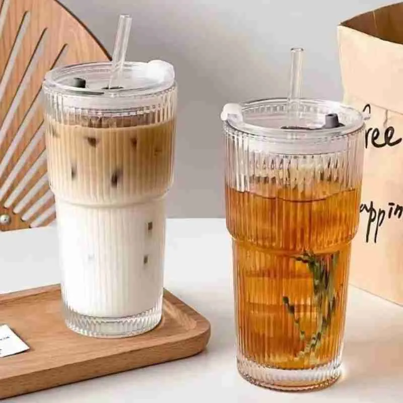 Copo De Vidro Listrado Com Tampa E Canudo - Imagem 3