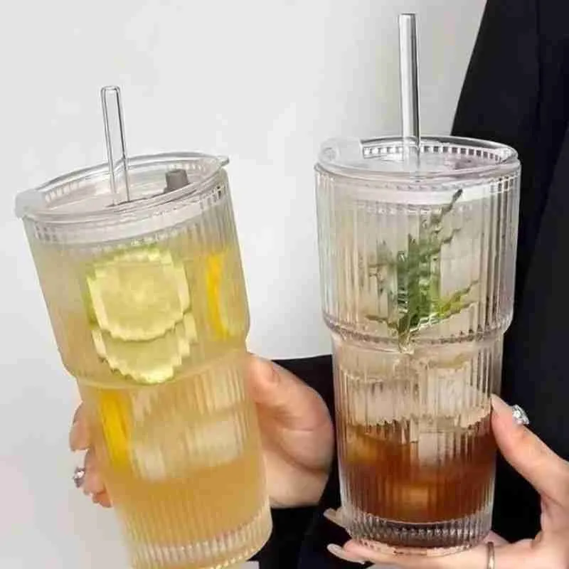 Copo De Vidro Listrado Com Tampa E Canudo - Imagem 4