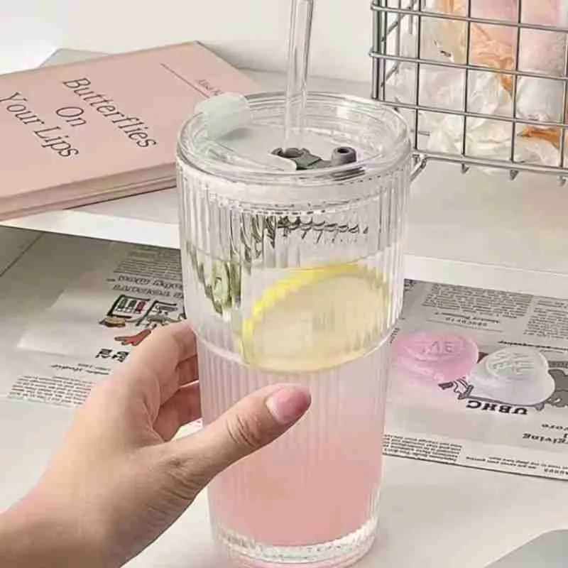 Copo De Vidro Listrado Com Tampa E Canudo - Imagem 6