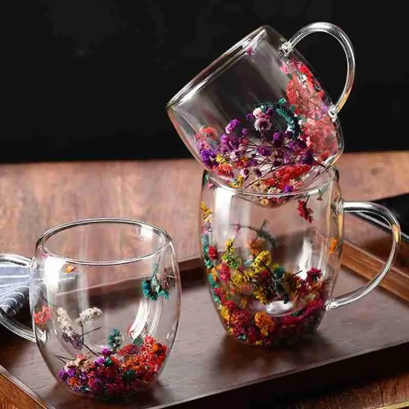 Xícara De Vidro Parede Dupla Com Flor Seca – 350ML