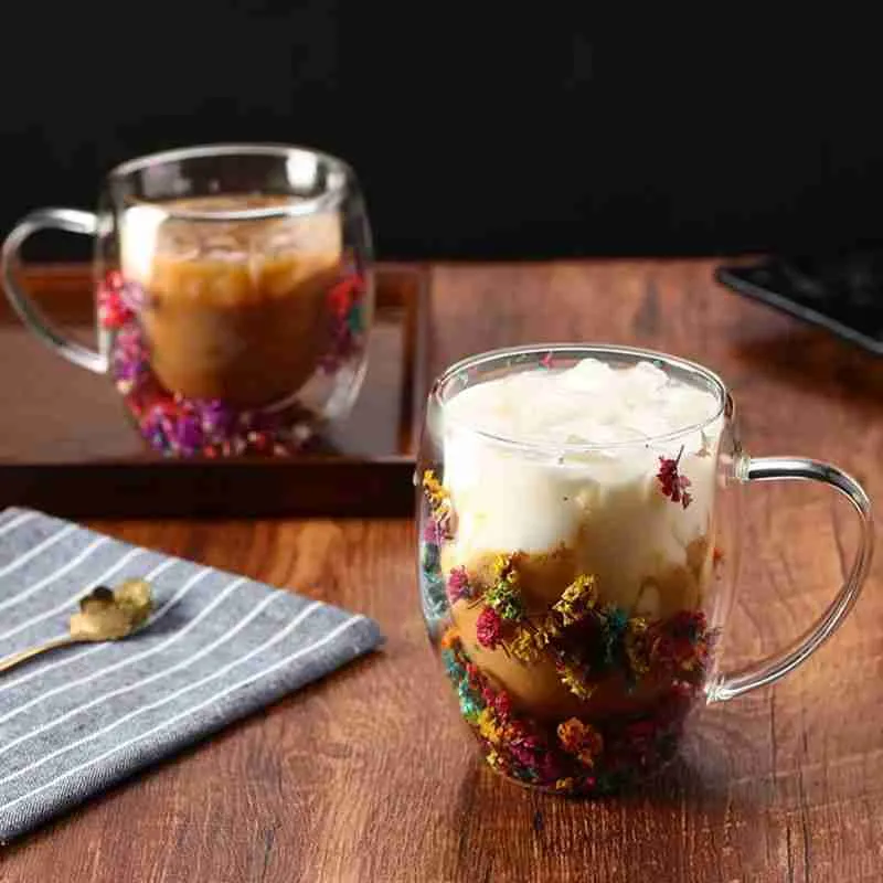 Xícara De Vidro Parede Dupla Com Flor Seca – 350ML - Imagem 2