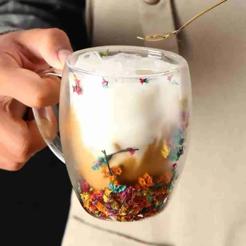 Xícara De Vidro Parede Dupla Com Flor Seca – 350ML - Imagem 3