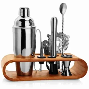 Kit Coqueteleira Aço Inox Bar Para Caipirinha e Drink + Suporte de Madeira
