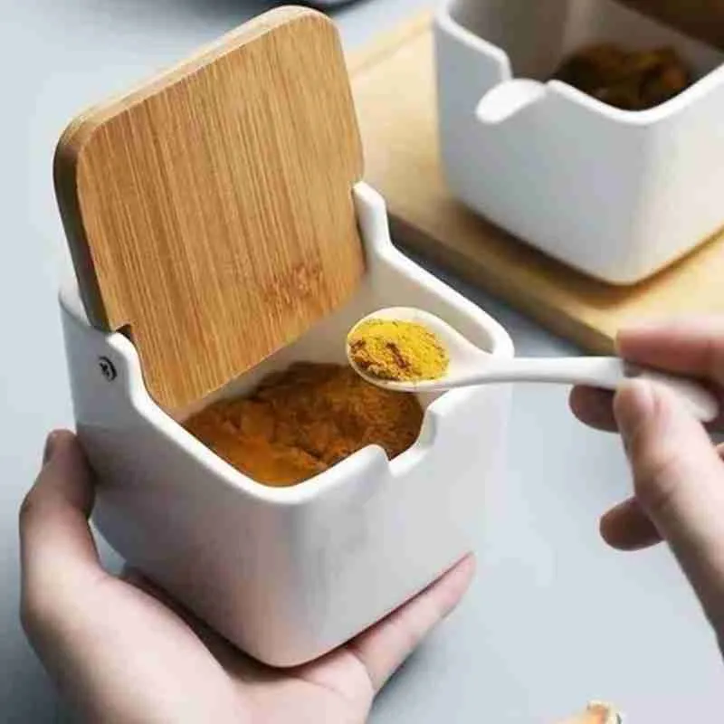 Porta Condimentos Temperos Saleiro Quadrado Em Porcelana Com Tampa De Bambu