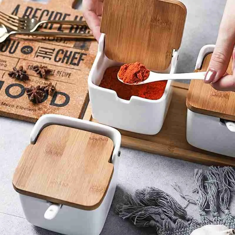 Porta Condimentos Temperos Saleiro Quadrado Em Porcelana Com Tampa De Bambu - Imagem 2