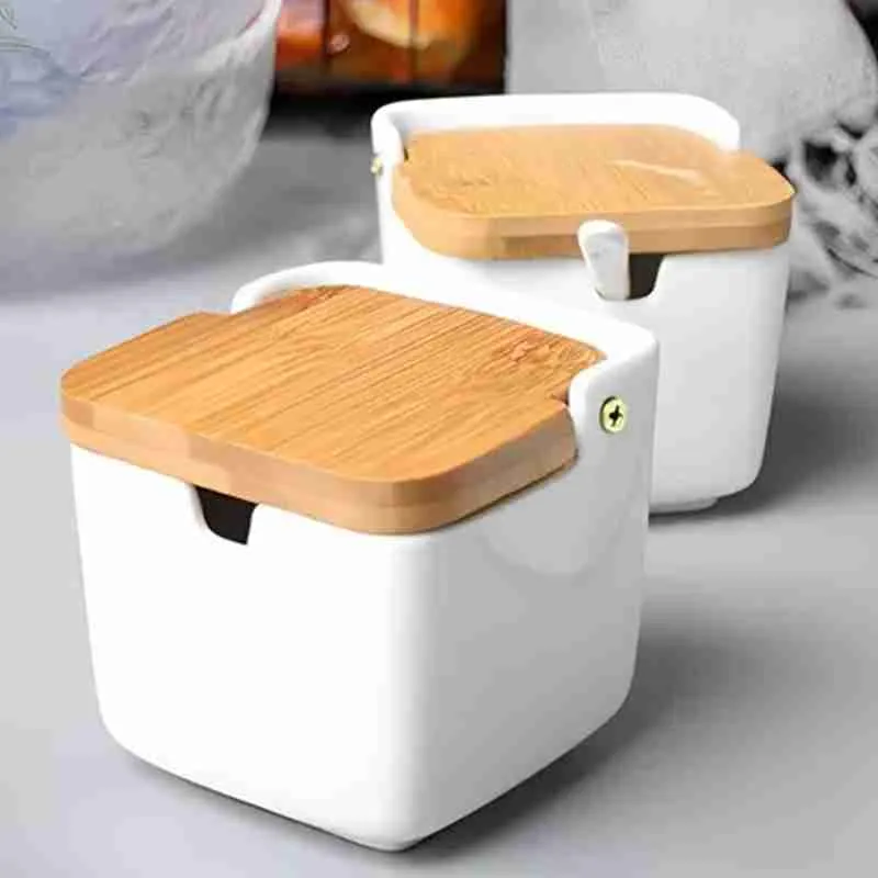Porta Condimentos Temperos Saleiro Quadrado Em Porcelana Com Tampa De Bambu - Imagem 3