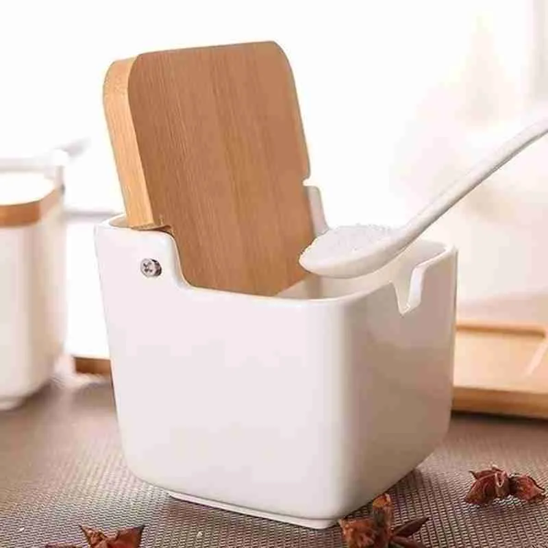 Porta Condimentos Temperos Saleiro Quadrado Em Porcelana Com Tampa De Bambu - Imagem 4