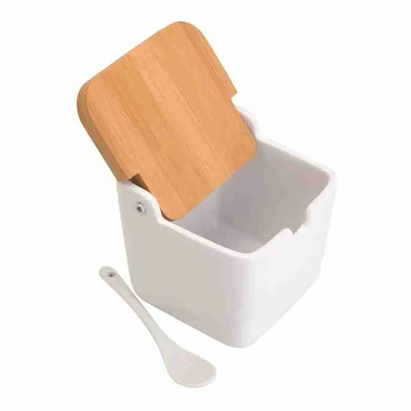 Porta Condimentos Temperos Saleiro Quadrado Em Porcelana Com Tampa De Bambu - Imagem 5
