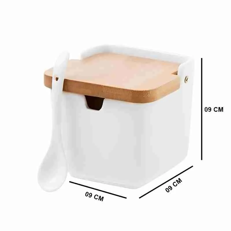 Porta Condimentos Temperos Saleiro Quadrado Em Porcelana Com Tampa De Bambu - Imagem 6