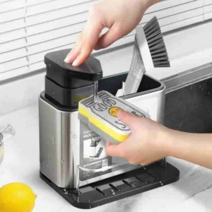 Escorredor com Dispenser Em Aço Inox Porta Detergente E Esponja 3 Em 1