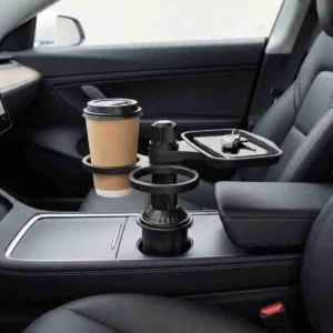 Organizador Multifuncional de Carro com Bandeja e Porta-Copos Giratórios 360°
