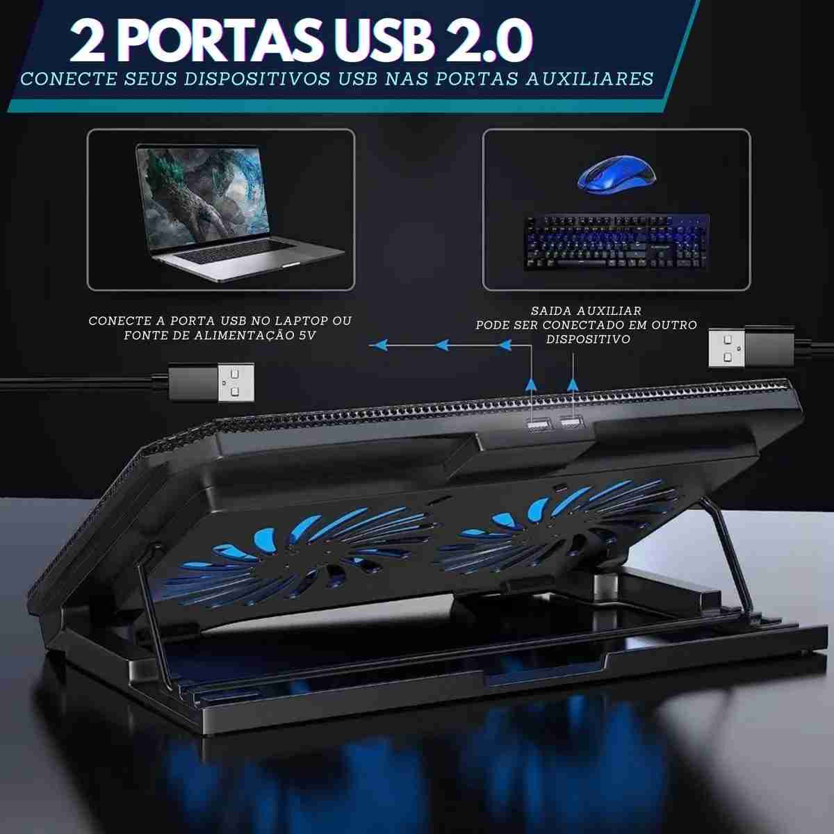 Base Notebook Cooler 2 Ventoinhas Ajustavel com Led - Imagem 3