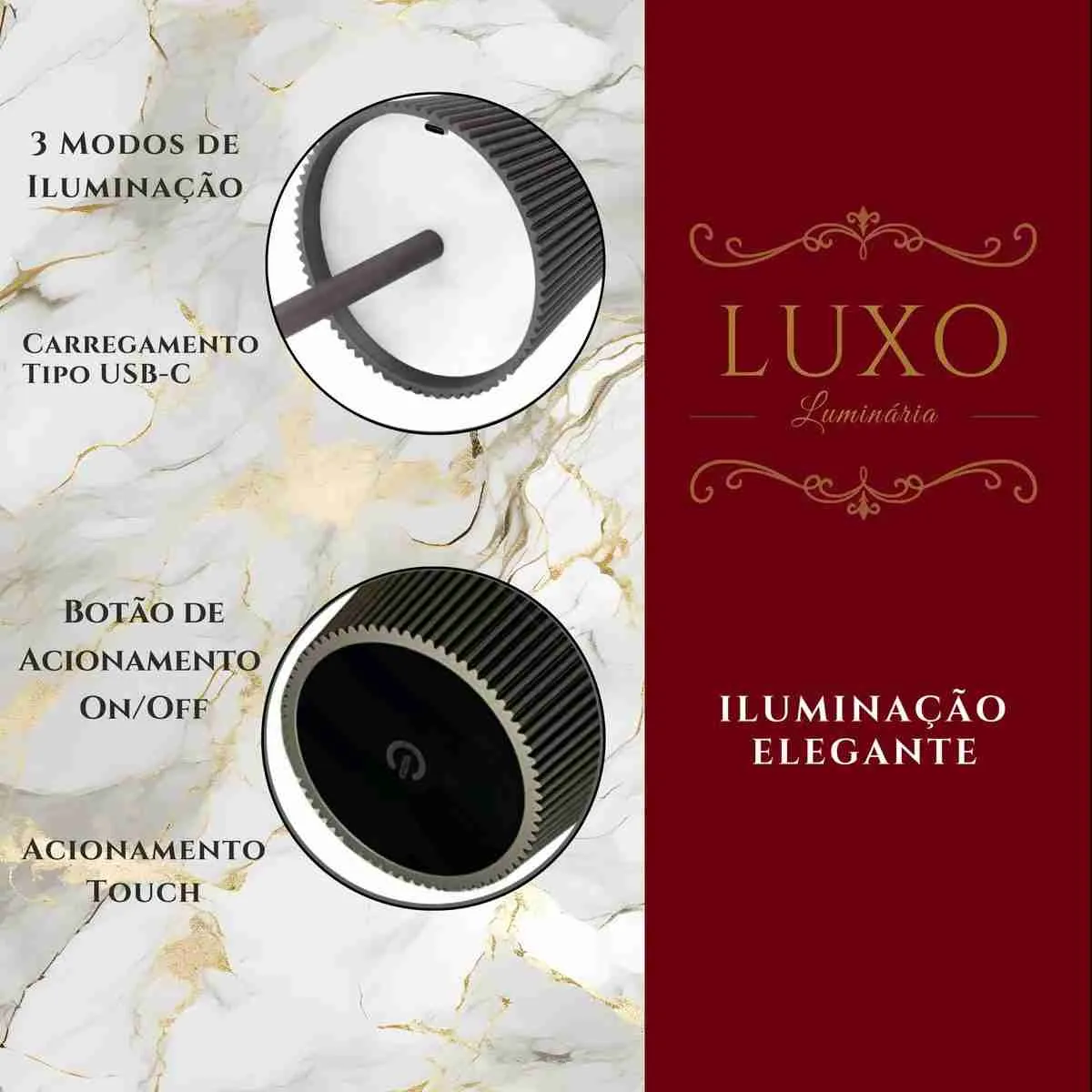 Luminária Abajur Mesa LED Touch Luxo Sem Fio Recarregável Preto - Imagem 5