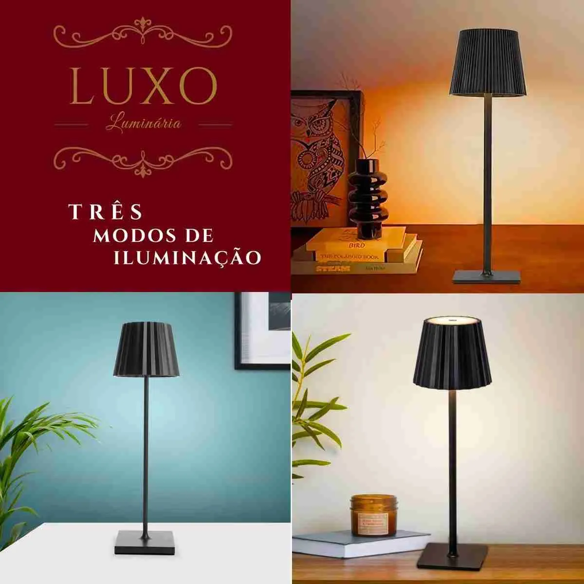 Luminária Abajur Mesa LED Touch Luxo Sem Fio Recarregável Preto - Imagem 6
