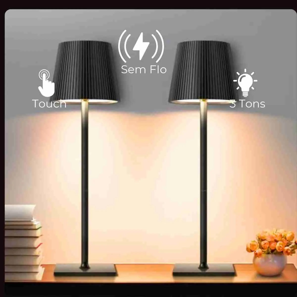 Luminária Abajur Mesa LED Touch Luxo Sem Fio Recarregável Preto - Imagem 7