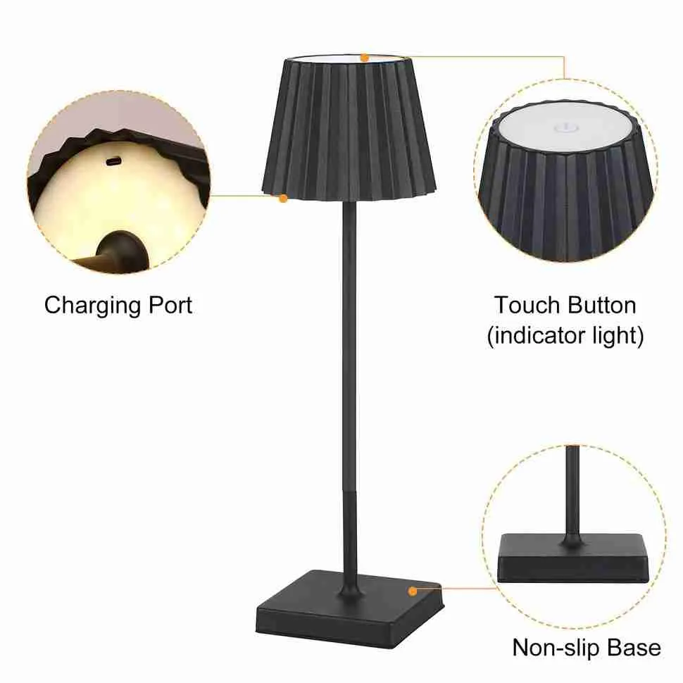 Luminária Abajur Mesa LED Touch Luxo Sem Fio Recarregável Preto - Imagem 8