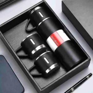 Kit Garrafa Térmica Inox 500ml Com 3 Xícaras Camping Viagem – Preto