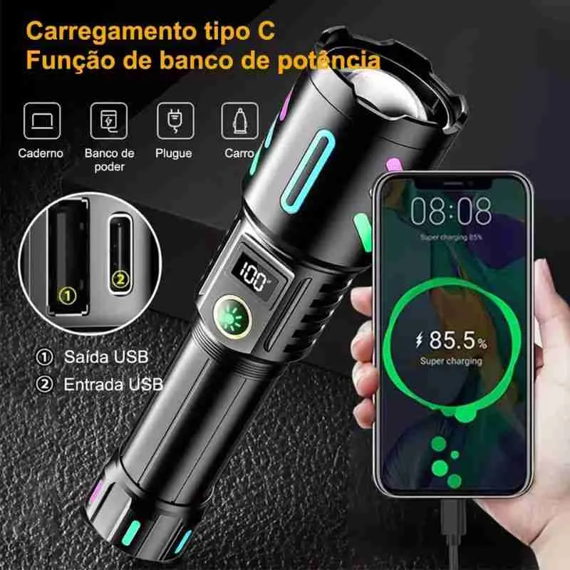 Lanterna Tática LED Potente Canhão De Luz Recarregável - Imagem 6