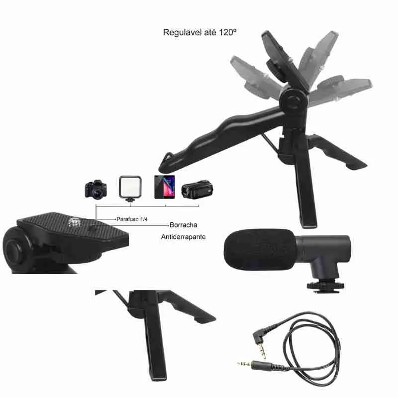 Kit Gravação 4 Em 1 Com Controle Remoto Suporte Celular LED E Microfone - Imagem 5