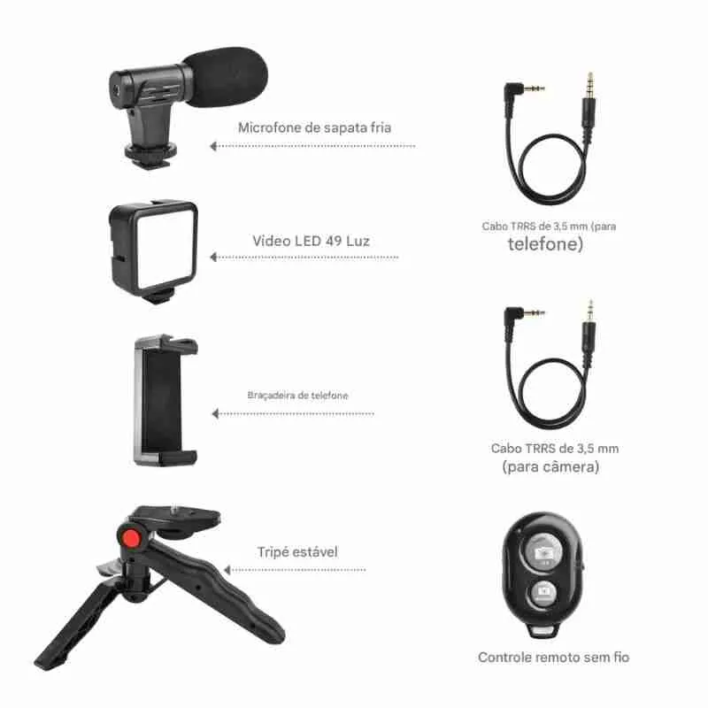 Kit Gravação 4 Em 1 Com Controle Remoto Suporte Celular LED E Microfone - Imagem 6