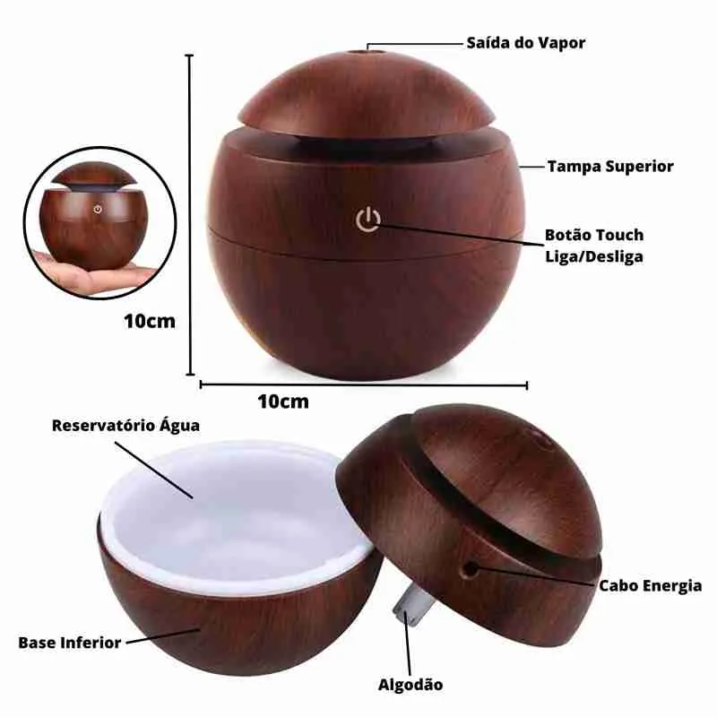 Umidificador Ultrassônico Usb Tipo Madeira Redondo Com Luz RGB - Imagem 6