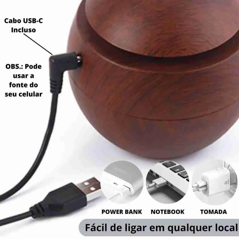 Umidificador Ultrassônico Usb Tipo Madeira Redondo Com Luz RGB - Imagem 8