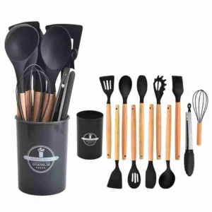 Kit C/12 Utensílios De Cozinha Silicone Cabo Madeira