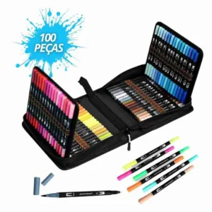 Kit De Canetas Color Mix Ponta Dupla Com Estojo – 100 Peças
