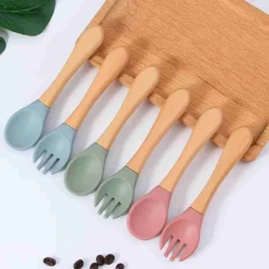 Kit Garfo + Colher De Silicone Cabo De Madeira Para Bebê