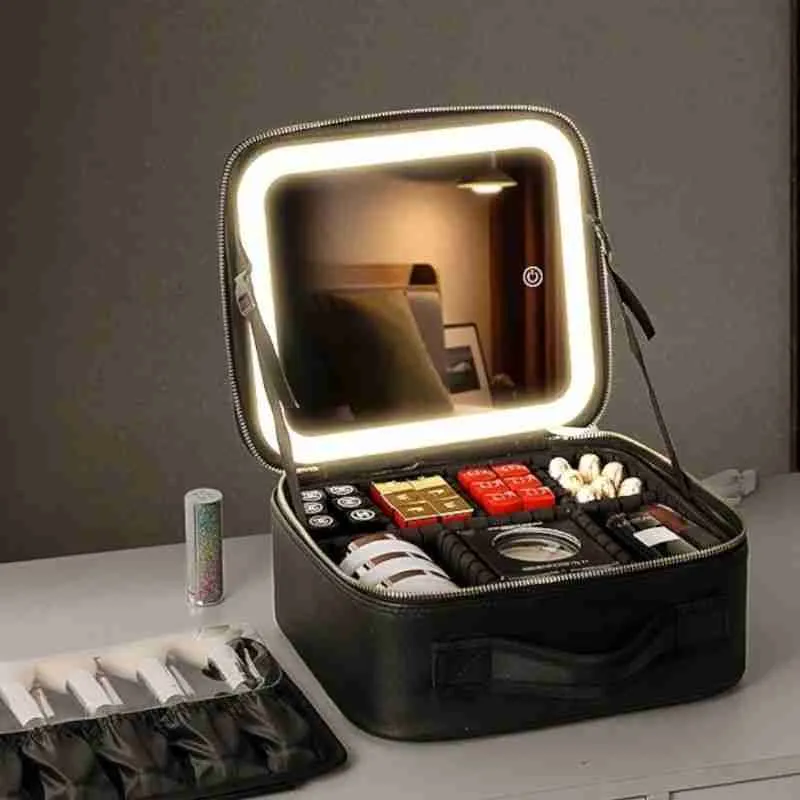 Maleta Necessaire De Maquiagem Com Espelho LED Multifuncional